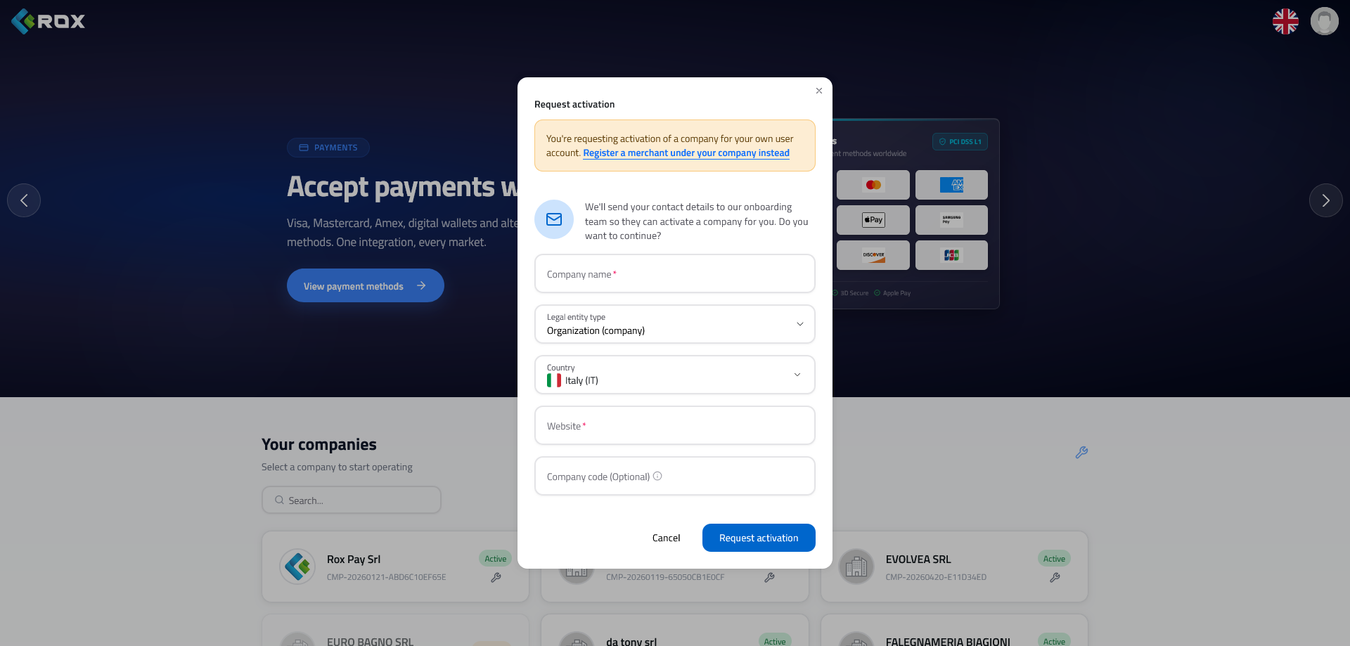 Formular de creare a unei companii noi